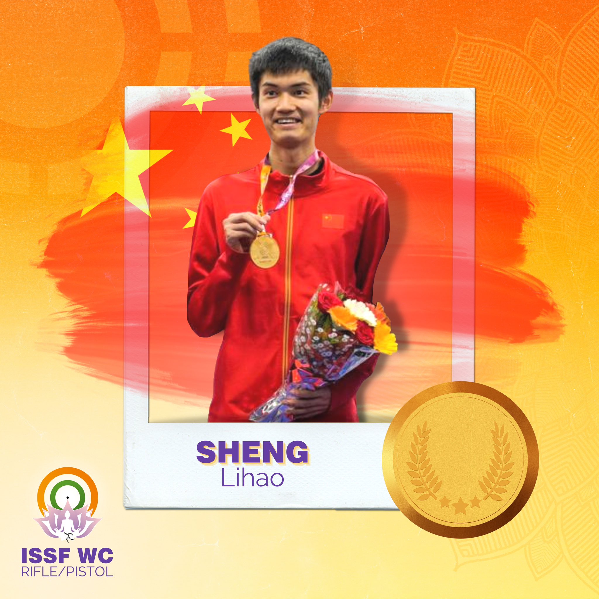 A poster of gold medalist Sheng Lihao of China. /@issf_official