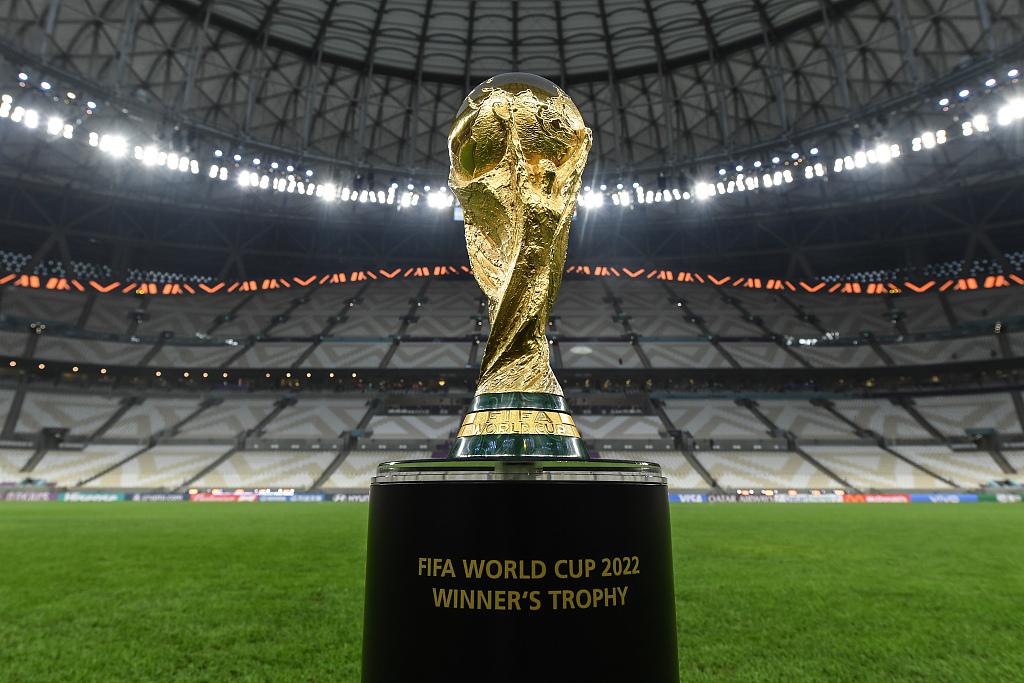 The FIFA World Cup championship trophy on display ahead of the 2022 edition's final between Argentina and France at Lusail Stadium in Qatar, December 14, 2022. /CFP