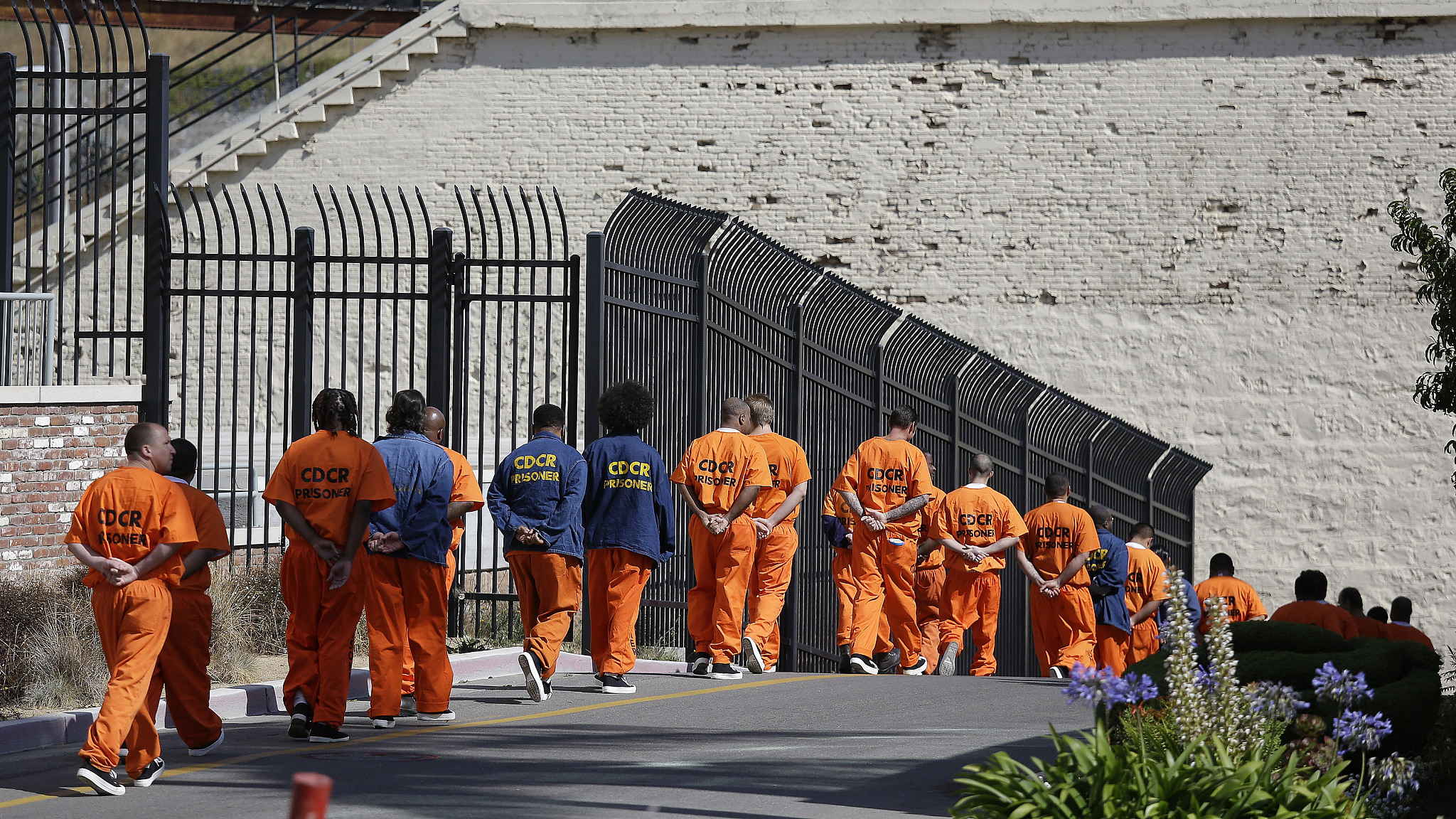 A row of general population inmates walk in a line at San Quentin State Prison in San Quentin, California, August 16, 2016. /VCG