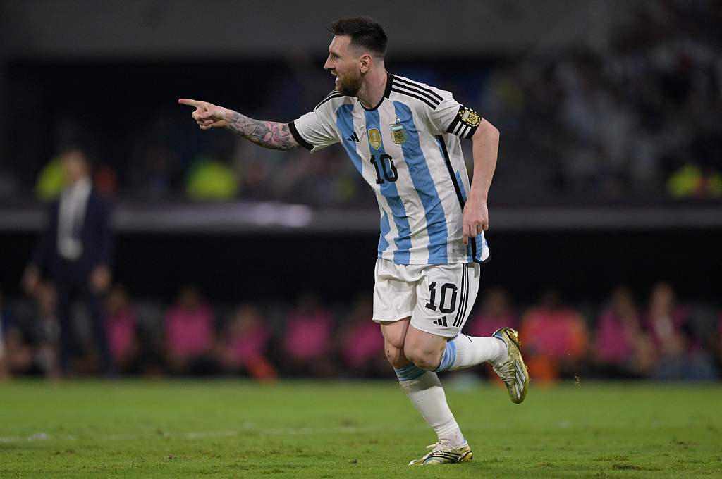 Lionel Messi of Argentina celebrates after scoring a goal against Curacao during their international friendly match at the Madre de Ciudades stadium in Santiago del Estero, Argentina, March 28, 2023. /CFP 
