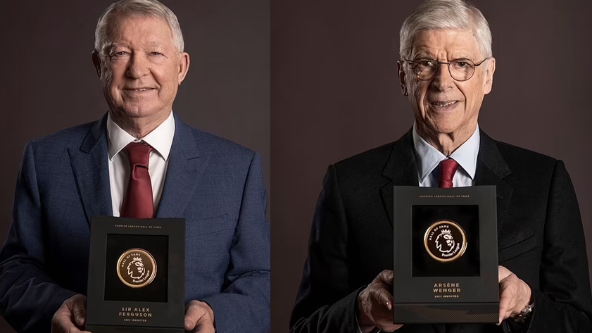 Former Manchester United manager Sir Alex Ferguson (L) and ex-Arsenal boss Arsene Wenger are inducted into the Premier League Hall of Fame. /CFP