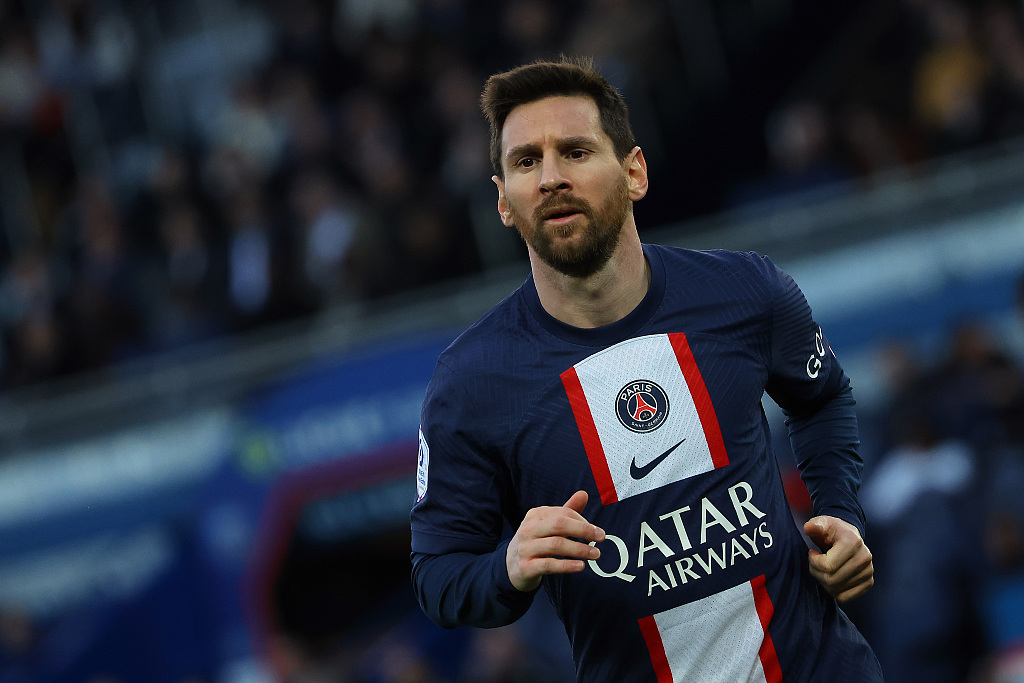 Leo Messi of Paris Saint-Germain looks on during their Ligue 1 clash with Stade Rennes at Parc des Princes in Paris, France, March 19, 2023. /CFP