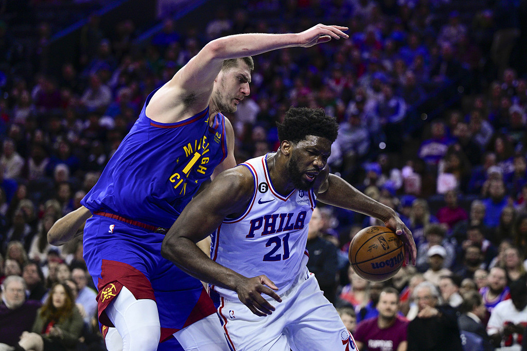 Joel Embiid (#21) posts up to drive in the game against the Denver Nuggets at the Wells Fargo Center in Philadelphia, Pennsylvania, January 28, 2023. /CFP
