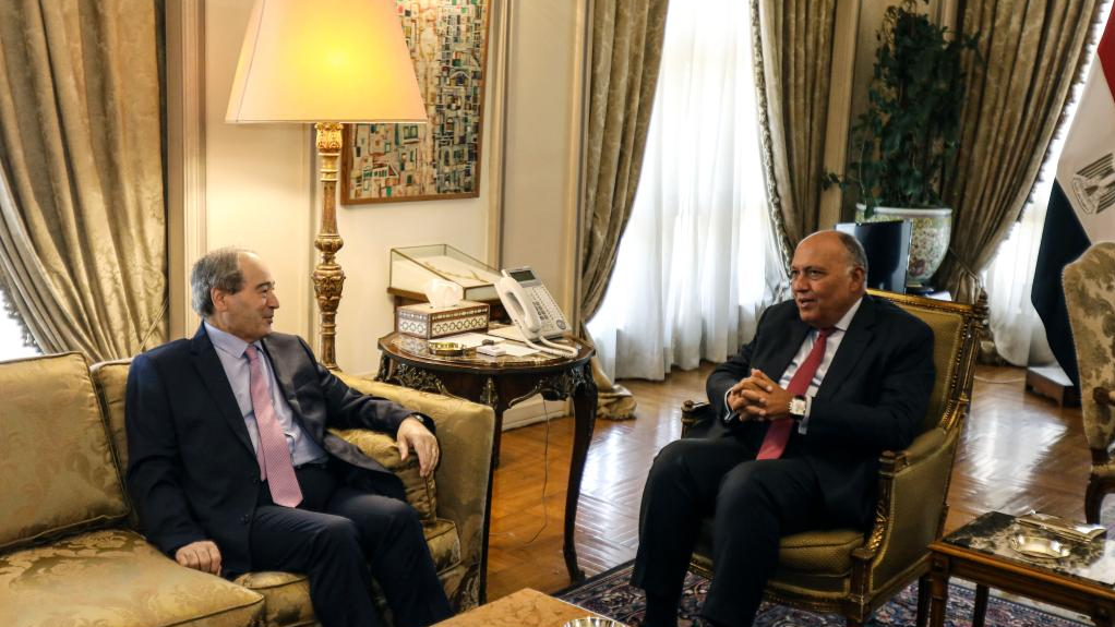 Egyptian Foreign Minister Sameh Shoukry (R) talks with visiting Syrian Foreign Minister Faisal Mekdad in Cairo, Egypt, April 1, 2023. /Xinhua