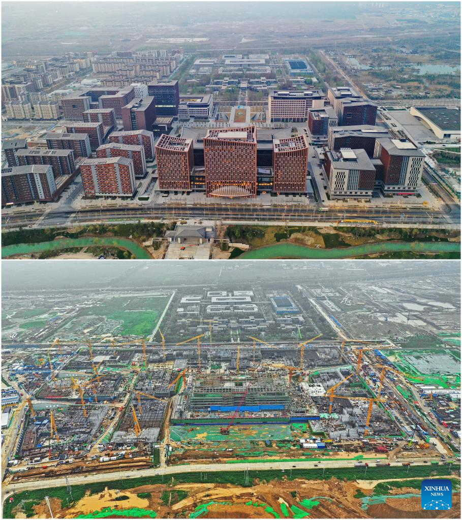 Aerial views of the business service center on March 31, 2023 (up) and its construction site on August 13, 2020, in Xiong'an New Area. /Xinhua