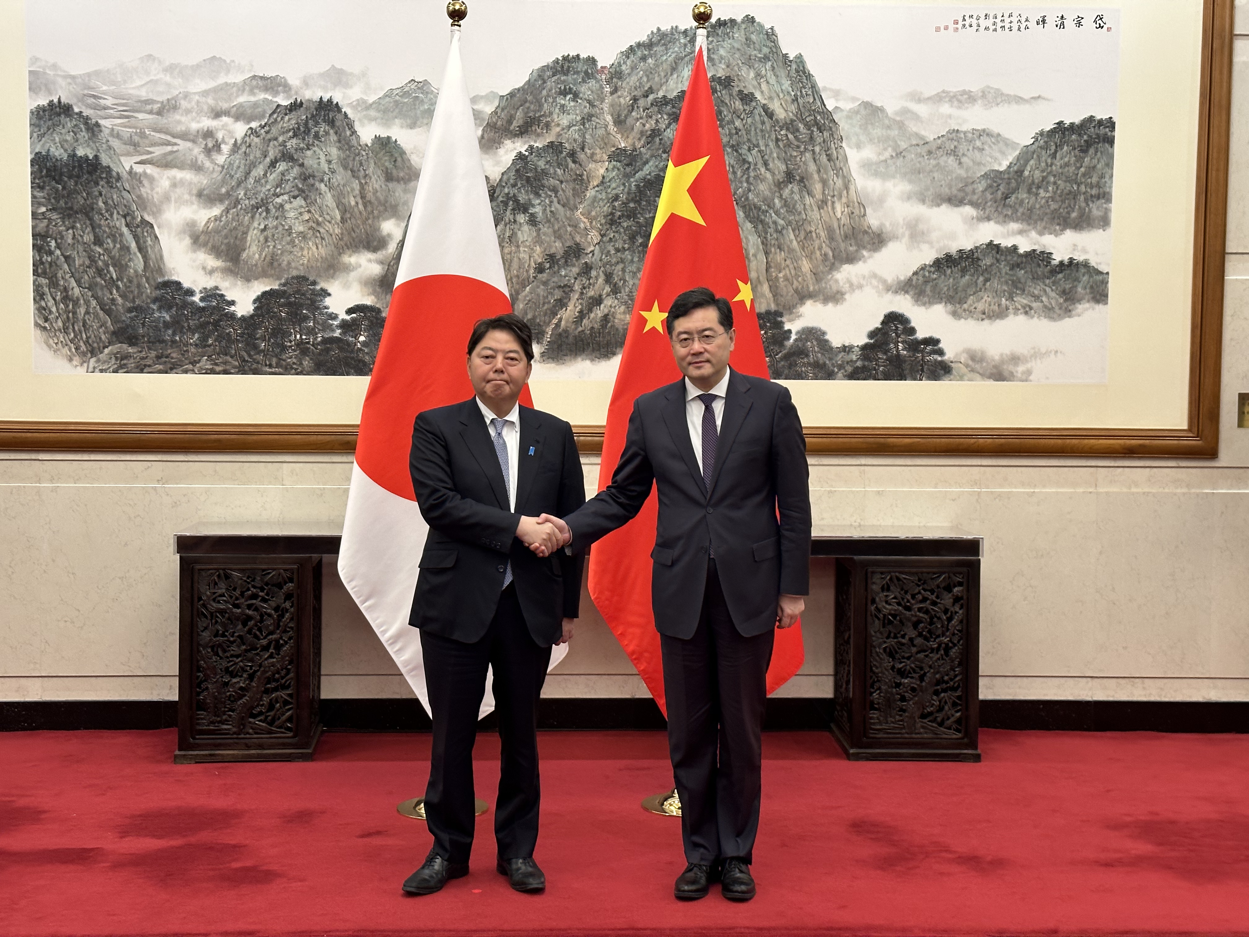 Chinese State Councilor and Foreign Minister Qin Gang (R) meets with Japanese Foreign Minister Yoshimasa Hayashi in Beijing, China, April 2, 2023. /CMG