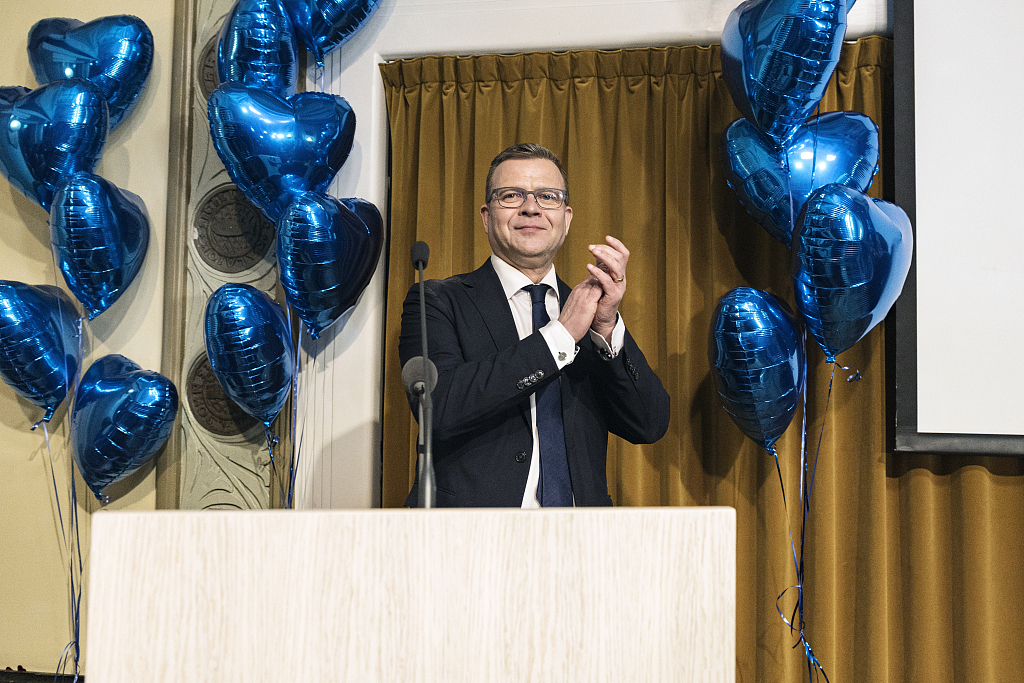 Petteri Orpo, leader of the National Coalition Party, speaks during an election night victory at the party headquarters in Helsinki, Finland, April 2, 2023. /CFP