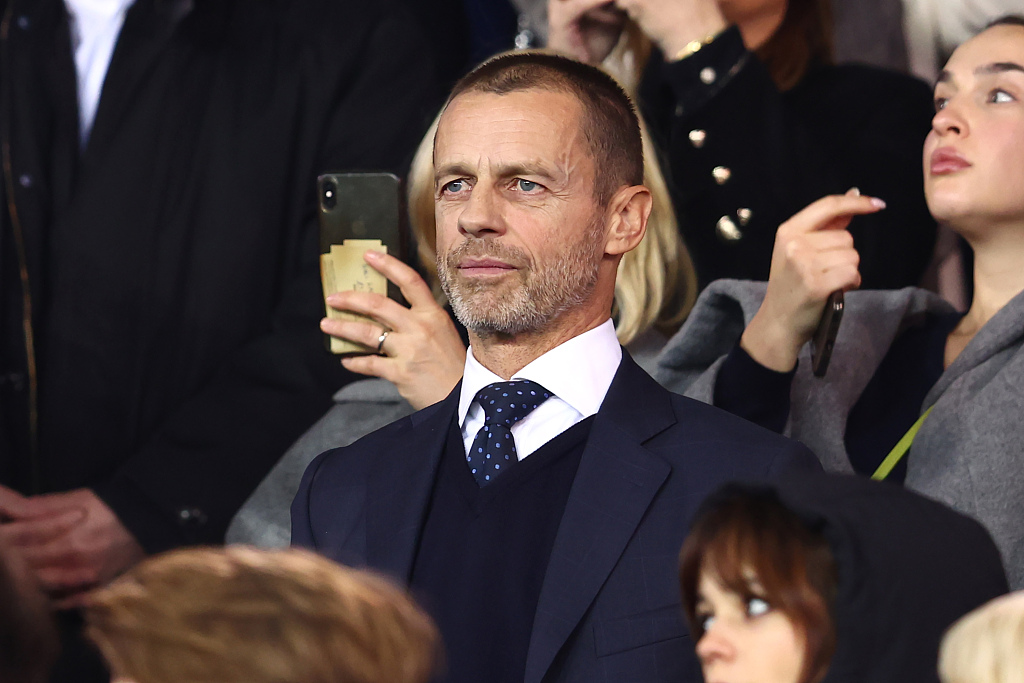 Aleksander Ceferin, president of the European football governing body UEFA, watches the first-leg game of the UEFA Champions League Round of 16 between Bayern Munich and Paris Saint-Germain at Parc des Princes in Paris, France, February 14, 2023. /CFP