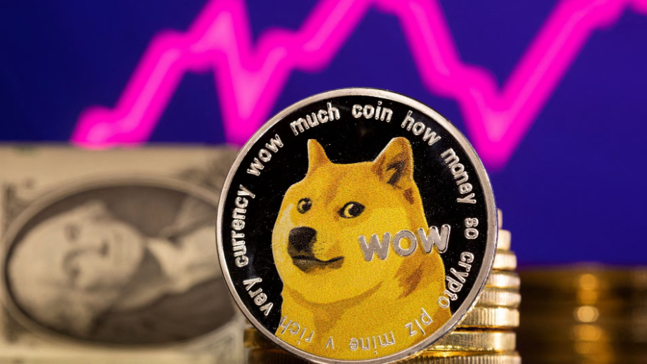 A representation of cryptocurrency dogecoin is seen in front of a stock graph and U.S. dollar in this illustration, January 24, 2022. /Reuters