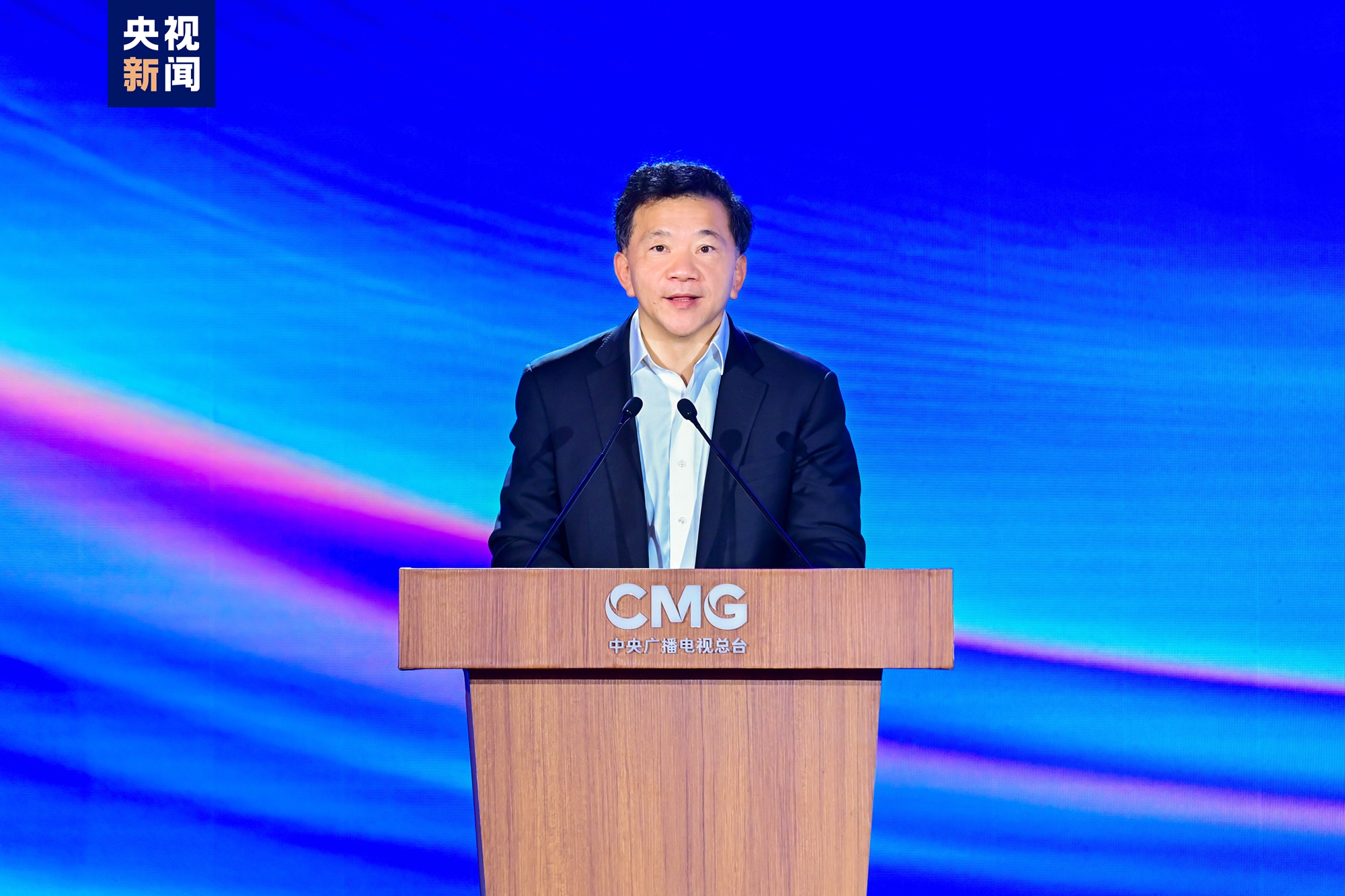 Shen Haixiong, president of China Media Group (CMG), delivers a speech at the press conference in Beijing on April 4, 2023. /CMG