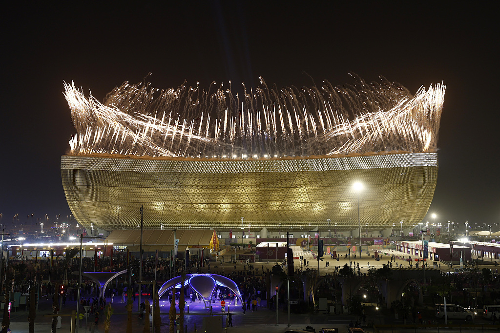 The Lusail Stadium is lit up by fireworks during the FIFA World Cup final between Argentina and France in Lusail, Qatar, December 18, 2022. /CFP 