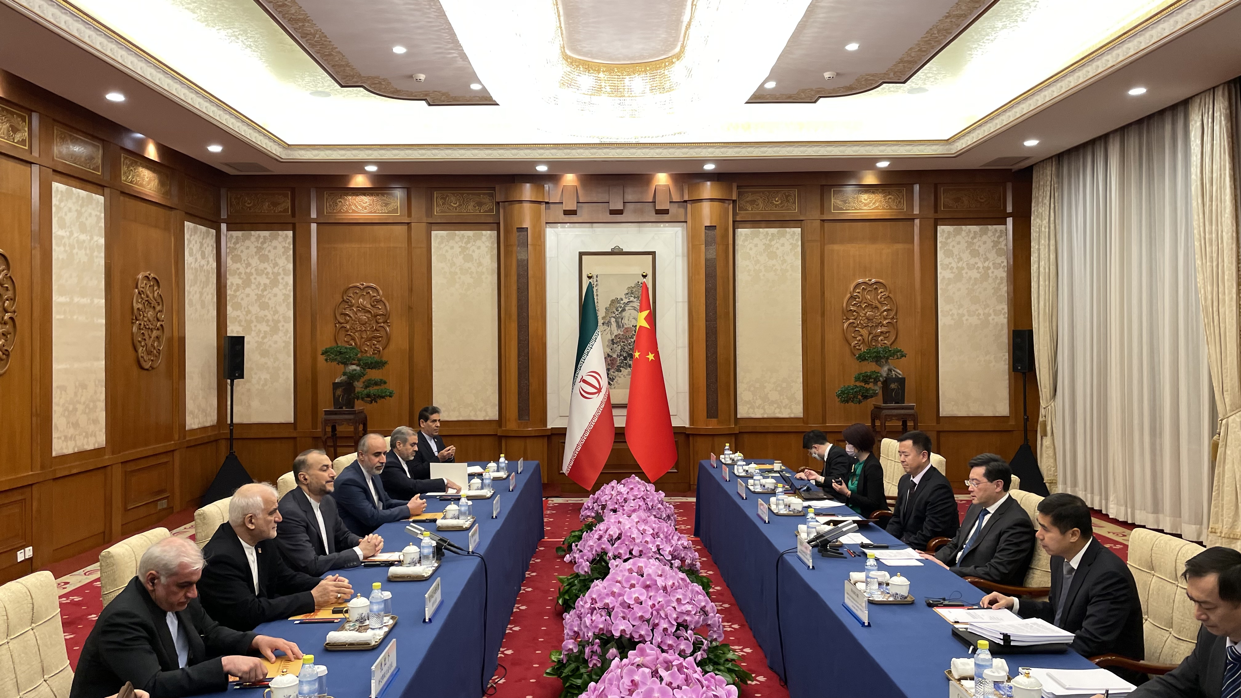 Chinese State Councilor and Foreign Minister Qin Gang meets with Iranian Foreign Minister Hossein Amir-Abdollahian in Beijing, China, April 6, 2023. /CGTN