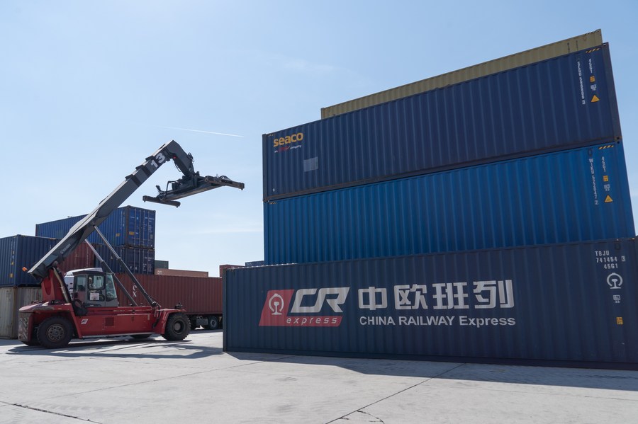 A container of China Railway Express is seen at the Csepel Freeport Logistics Park in Budapest, Hungary, April 12, 2022. /Xinhua