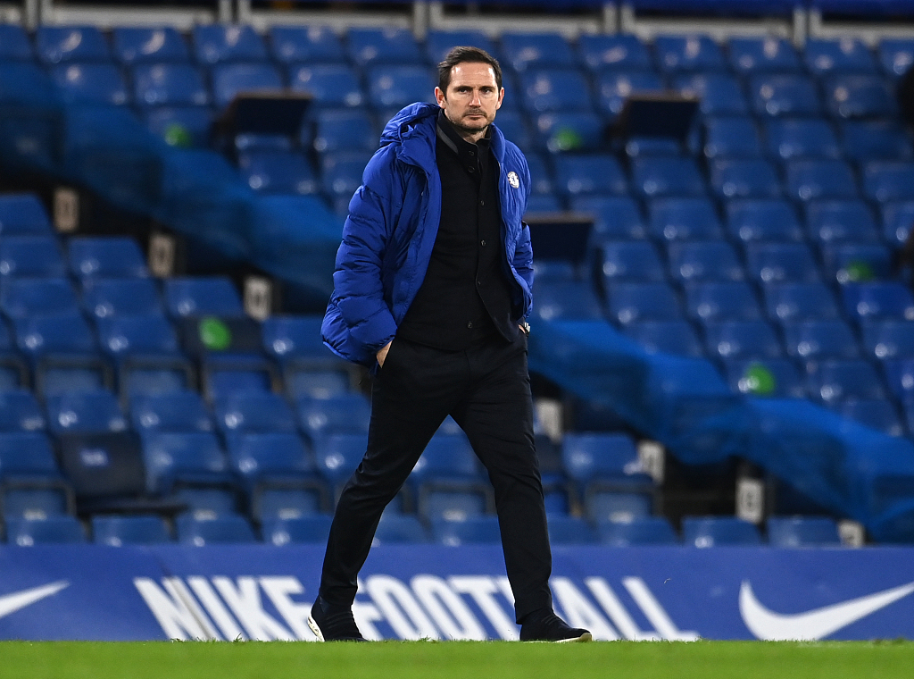 Frank Lampard reacts after the final whistle of a Premier League match at Stamford Bridge, London, January 3, 2021. /CFP