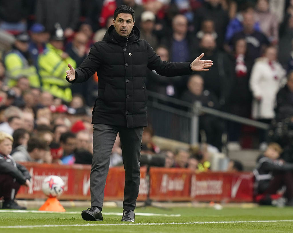 Arsenal manager Mikel Arteta during his team's Premier League match against Liverpool at Anfield in Liverpool, England, April 9, 2023. /CFP
