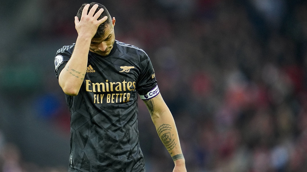 Arsenal's Granit Xhaka in frustration at the end of his team's Premier League match against Liverpool at Anfield in Liverpool, England, April 9, 2023. /CFP