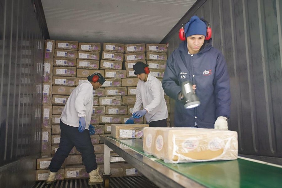 Staff of a Brazilian food company pack chicken meat which will be sent to China at the Port of Santos in Brazil, January 14, 2020. /Xinhua