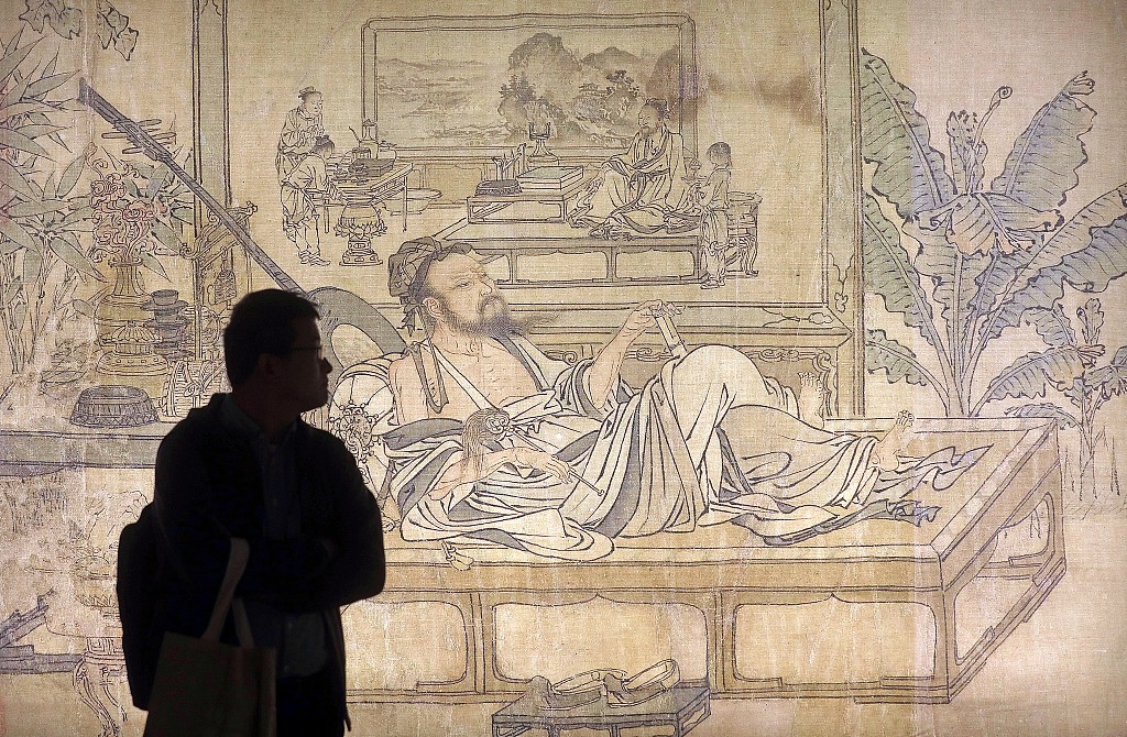 Ancient paintings restored using cutting-edge technology reflect traditional Chinese culture and ideas related to reading, Chinese literary classics and cross-cultural exchanges, at a newly opened exhibition in Hangzhou, Zhejiang on April 10, 2023. /CFP