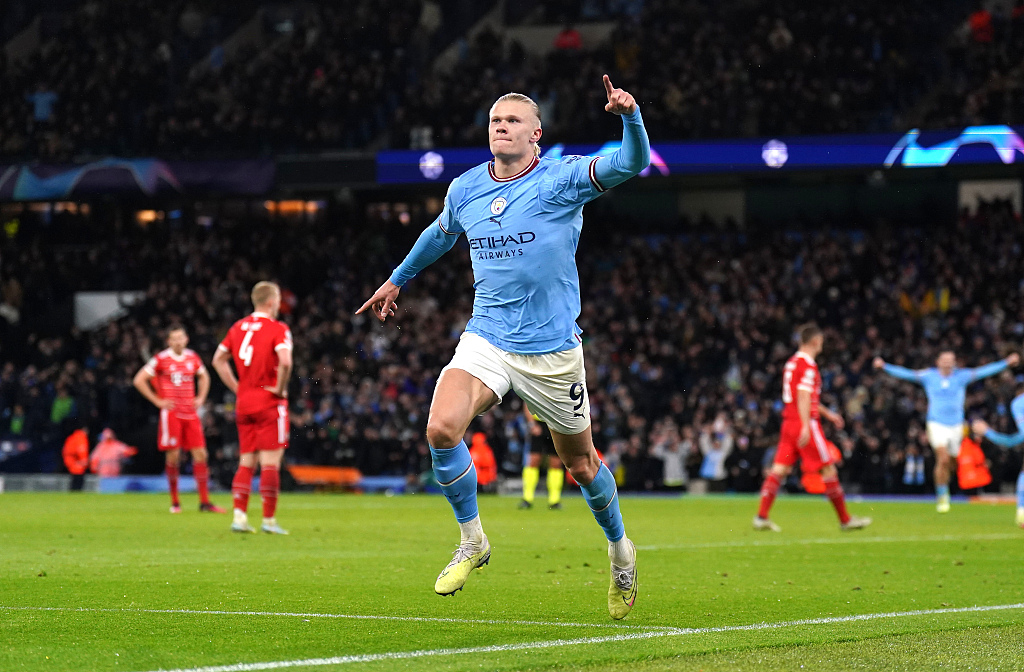 Erling Haaland (#9) of Manchester City celebrates after scoring a goal in the first-leg game of the UEFA Champions League quarterfinals against Bayern Munich at the Etihad Stadium in Manchester, England, April 11, 2023. /CFP
