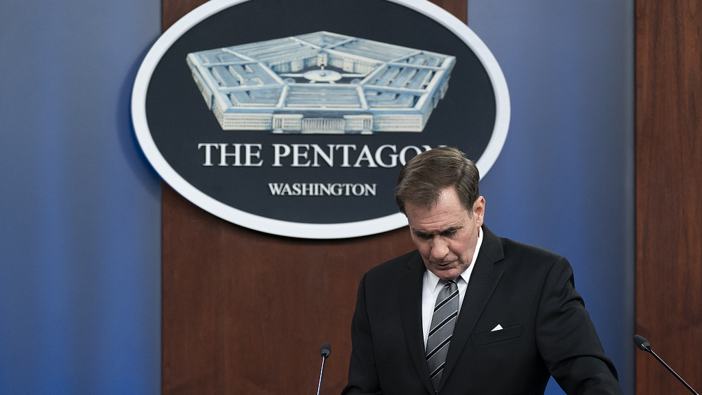 Pentagon spokesman John Kirby listens to a question from a reporter on the phone during a media briefing at the Pentagon, Tuesday, May 17, 2022, in Washington. 