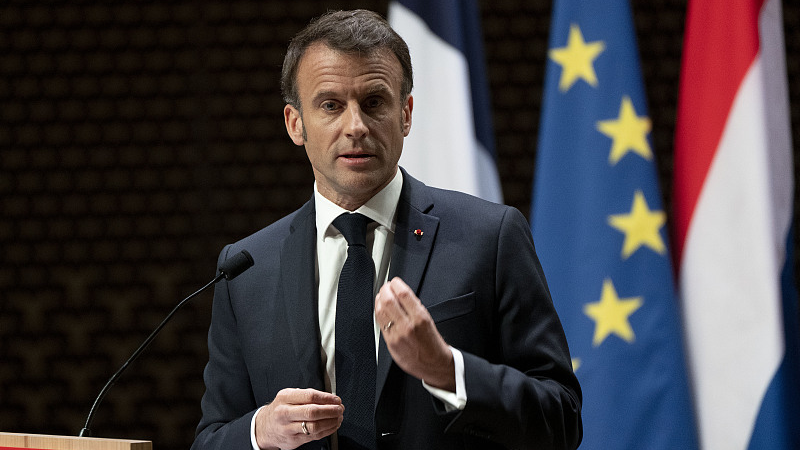 French President Emmanuel Macron delivers a speech in a theater in The Hague, Netherlands, April 11, 2023. /CFP