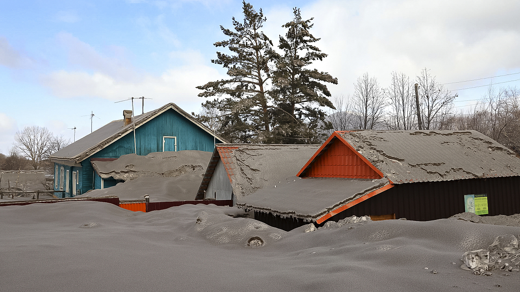 Areas buried with ashes after volcano eruption in Russia's Kamchatka