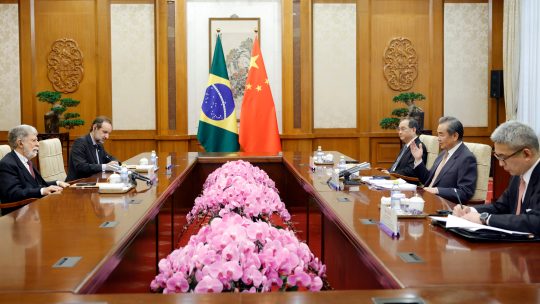 Wang Yi, director of the Office of the Foreign Affairs Commission of the Communist Party of China Central Committee, holds talks with Celso Amorim, chief special adviser to the president of Brazil in Beijing, China, April 13, 2023. /Chinese Foreign Ministry