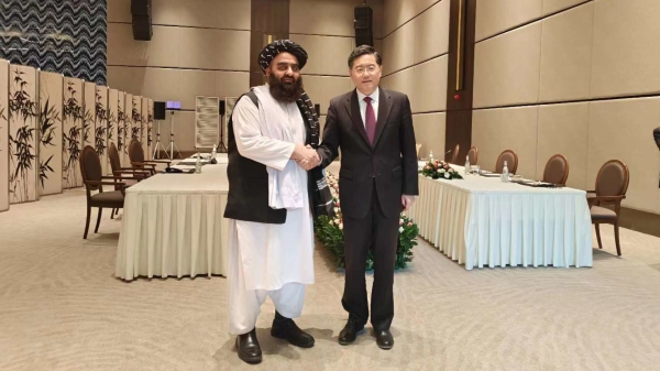 Chinese State Councilor and Foreign Minister Qin Gang meets with Amir Khan Muttaqi, acting foreign minister of the Afghan interim government, in Samarkand, Uzbekistan, April 13, 2023. /Chinese Foreign Ministry