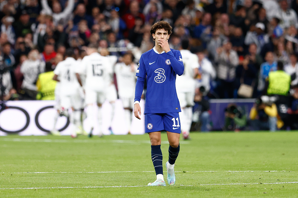 Joao Felix of Chelsea reacts after their Champions League loss to Real Madrid at Estadio Santiago Bernabeu in Madrid, Spain, April 12, 2023. /CFP