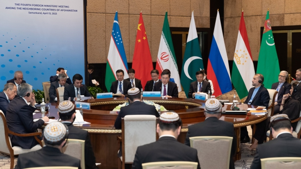 Chinese State Councilor and Foreign Minister Qin Gang attends the fourth foreign ministers' meeting among neighboring countries of Afghanistan in Samarkand, Uzbekistan, April 13, 2023. /Chinese Foreign Ministry