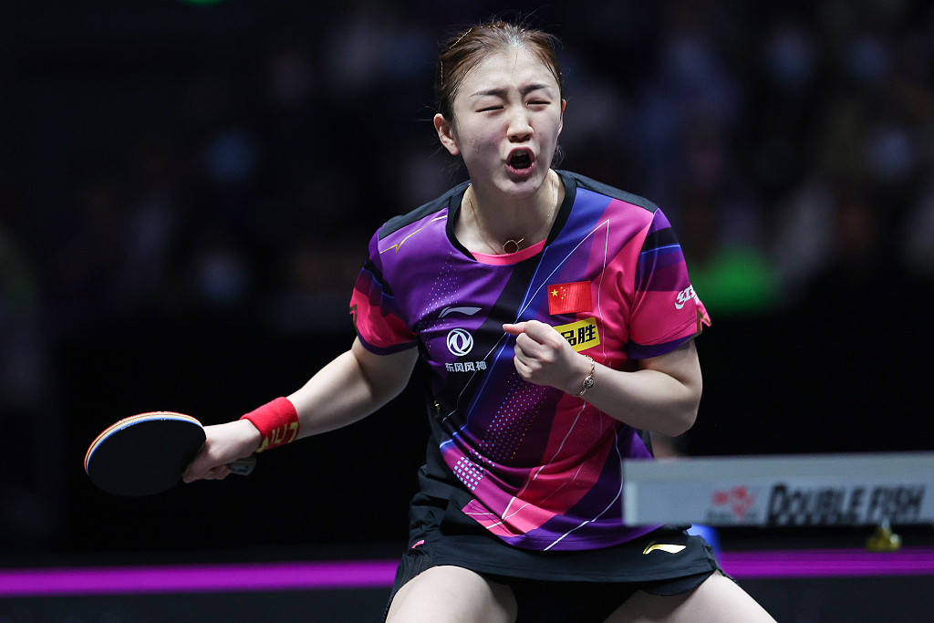 China's Chen Meng in action during her women's singles clash with Japan's Hina Hayata at the WTT Champions Xinxiang in Henan Province, China, April 13, 2023. /CFP