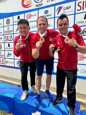 (From L to R) Silver medalist Zhang Bowen of China, gold medalist Damir Mikec of Serbia and bronze medalist Ismail Keles of Turkey pose during the award ceremony for the men's 10m air pistol event at the ISSF World Cup in Lima, Peru, April 13, 2023. /ISSF