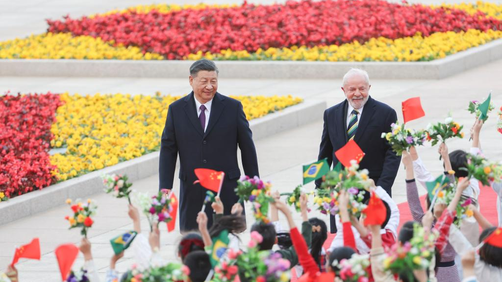 Chinese President Xi Jinping holds a welcoming ceremony for Brazilian President Luiz Inacio Lula da Silva at the square outside the east entrance of the Great Hall of the People prior to their talks in Beijing, China, April 14, 2023. /Xinhua