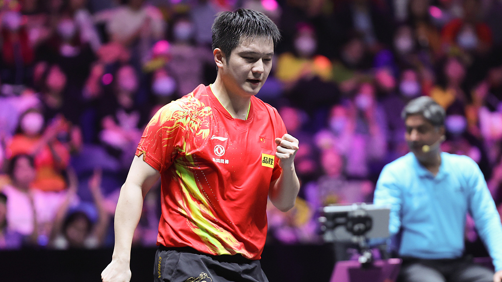 Fan Zhendong in action during the WTT Champions men's singles semifinal round in Xinxiang, central China's Henan Province, April 14, 2023. /CFP
