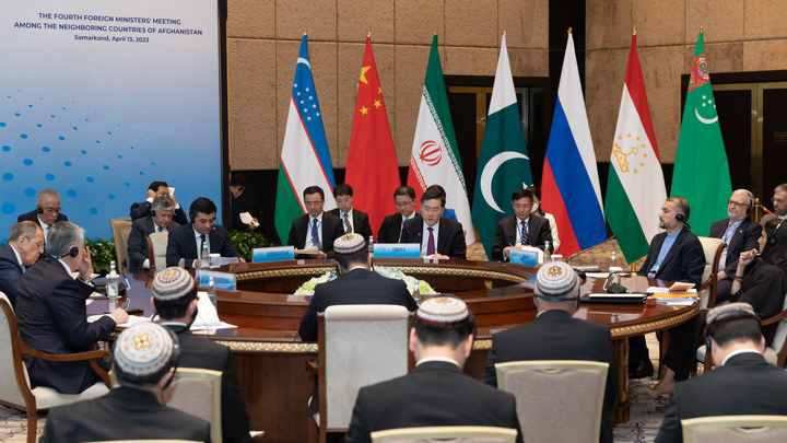 Chinese State Councilor and Foreign Minister Qin Gang attends the fourth Foreign Ministers' Meeting among the Neighboring Countries of Afghanistan in Samarkand, Uzbekistan, April 13, 2023. /Xinhua
