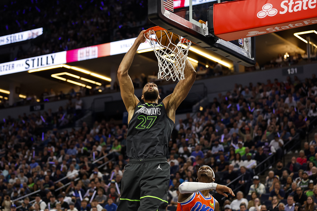 Rudy Gobert (#27) of the Minnesota Timberwolves dunks in the NBA Western Conference play-in tournament game against the Oklahoma City Thunder at the Target Center in Minneapolis, Minnesota, U.S., April 14, 2023. /CFP