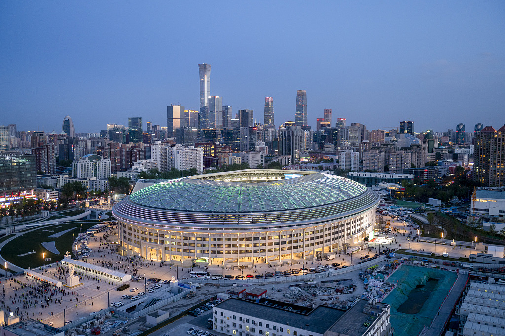 A bird's eye view of the new Workers' Stadium during Beijing Guoan's Chinese Super League clash with Meizhou Hakka in Beijing, China, April 15, 2023. /CFP