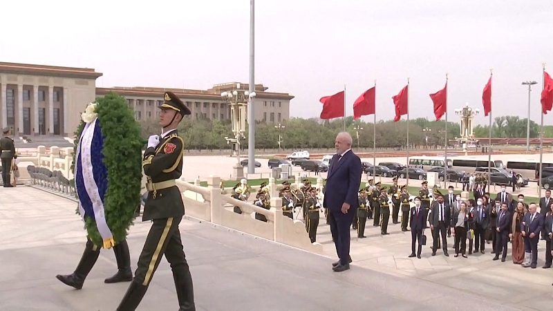 Brazilian President Luiz Inacio Lula da Silva goes to Tian'anmen Square to lay a wreath at the Monument to the People's Heroes in Beijing, China, April 14, 2023. /CFP