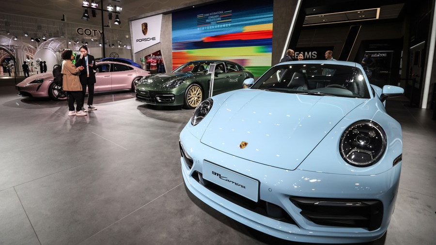 Porsche cars are displayed at the third China International Consumer Products Expo (CICPE) in Haikou, capital city of south China's Hainan Province, April 10, 2023. /Xinhua