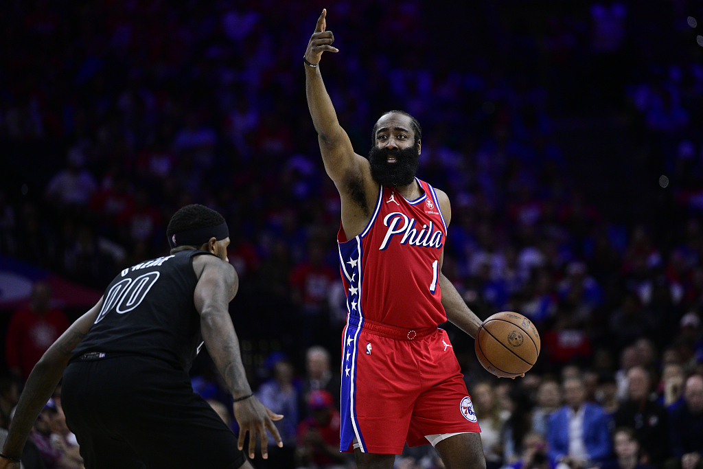 James Harden (#1) of the Philadelphia 76ers calls a play in Game 1 of the NBA Eastern Conference first-round playoffs against the Brooklyn Nets at the Wells Fargo Center in Philadelphia, Pennsylvania, April 15, 2023. /CFP