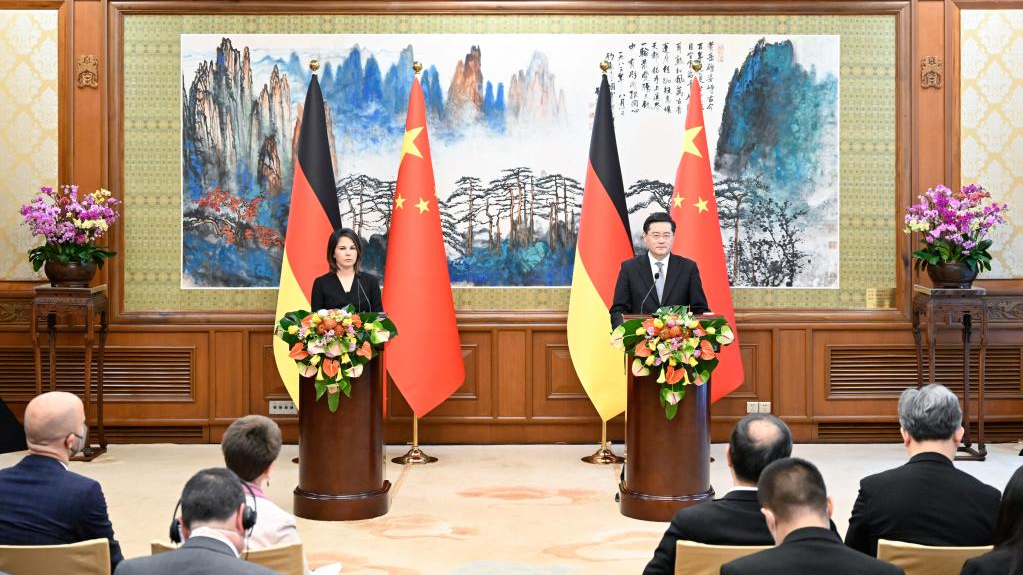 Chinese State Councilor and Foreign Minister Qin Gang and German Foreign Minister Annalena Baerbock meet the press after co-chairing the sixth round of China-Germany strategic dialogue on diplomacy and security in Beijing, capital of China, April 14, 2023. /Xinhua
