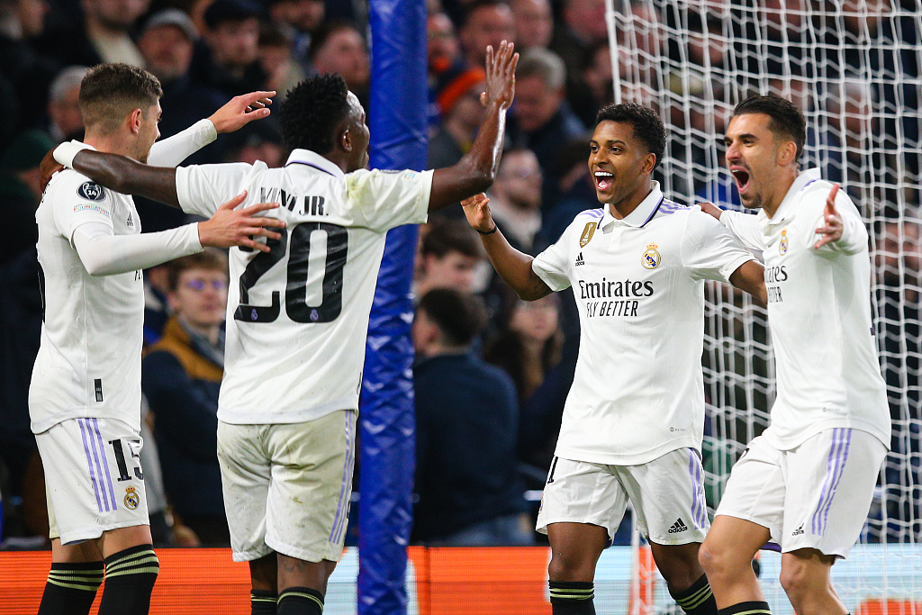 Real Madrid players react after scoring the opener during their Champions League clash with Chelsea at Stamford Bridge in London, England,  April 18, 2023. /CFP