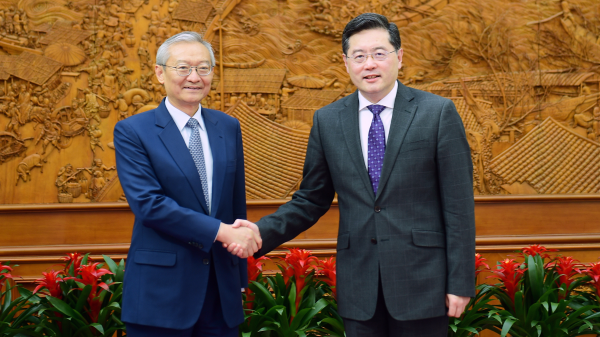 Chinese State Councilor and Foreign Minister Qin Gang (R) meets with Zhang Ming, Secretary-General of the Shanghai Cooperation Organization, Beijing, April 19, 2023. /Chinese Foreign Ministry