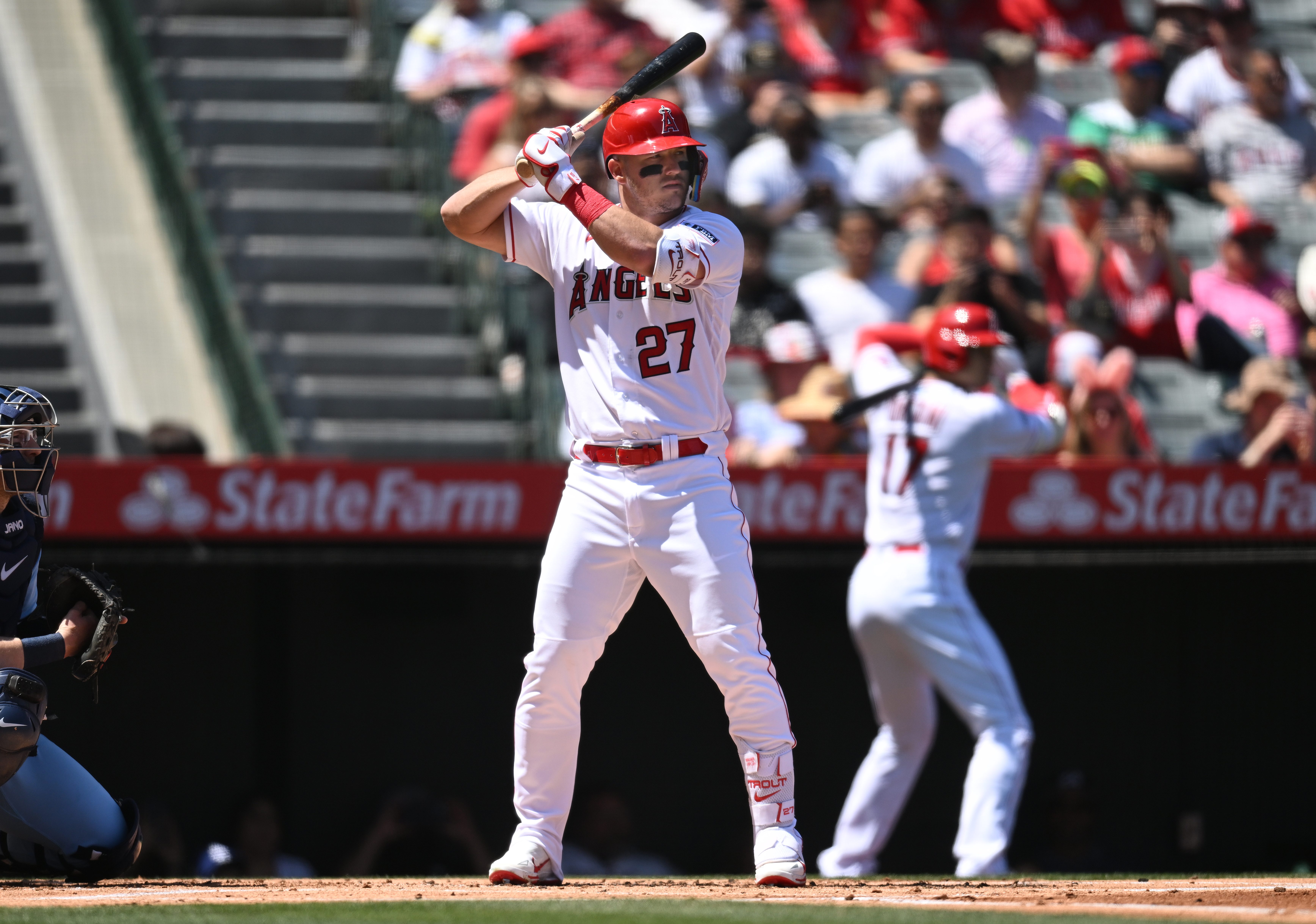 Mike Trout (#27) of the Los Angeles Angeles stands at bat in the game against the Toronto Blue Jays at Angel Stadium of Anaheim in Anaheim, California, April 9, 2023. /CFP 