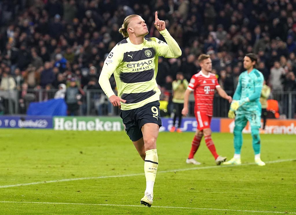 Manchester City's Erling Haaland celebrates his record during the Champions League clash with Bayern Munich at Allianz Arena, Munich, Germany, April 19, 2023. /CFP