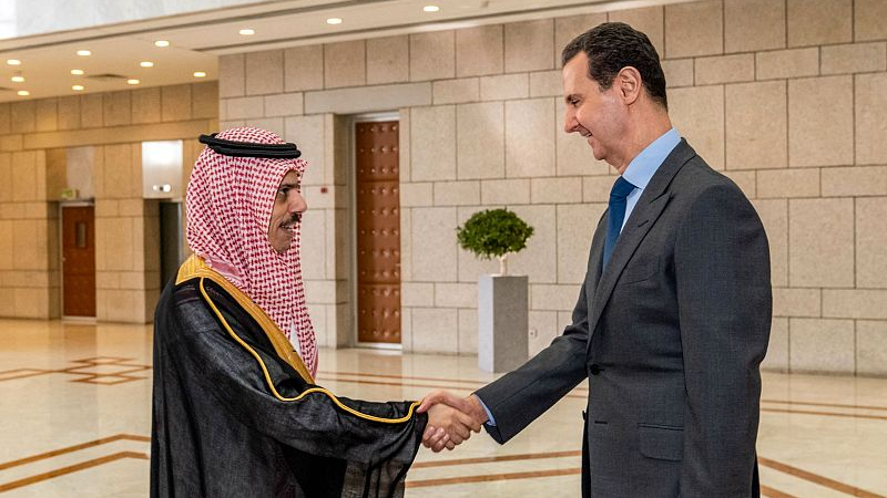 This handout picture released by the Syrian Presidency Facebook page shows Syria's President Bashar al-Assad (R) receiving Saudi Arabian Foreign Minister Prince Faisal bin Farhan Al Saud in Damascus, Syria, April 18, 2023. /CFP