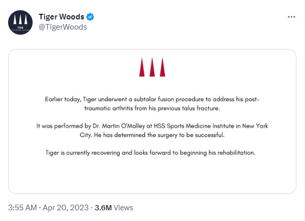 American golfer Tiger Woods' tweet on April 20 about his surgery. /@TigerWoods
