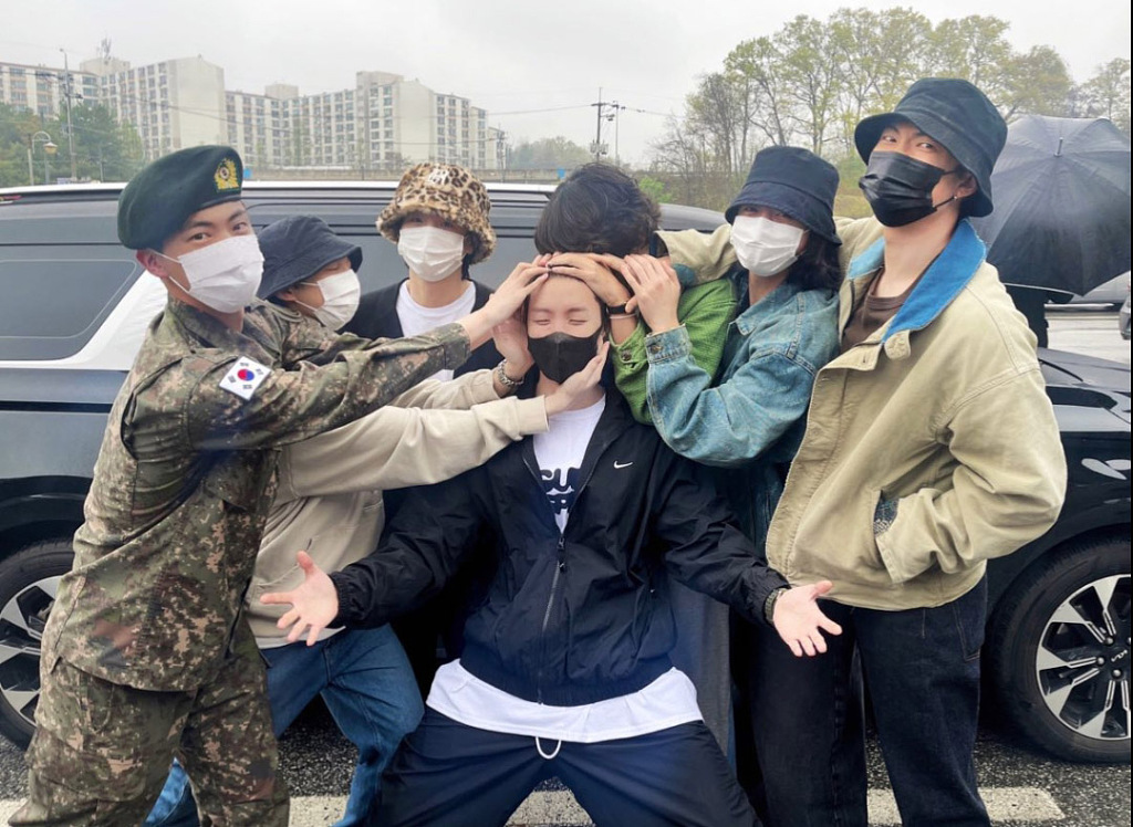 Korean band, BTS member Jung Ho-seok (J-Hope) enlisted in the military and members take commemorative photos to send him off. April 18, 2023, Gangwon-do, South Korea.