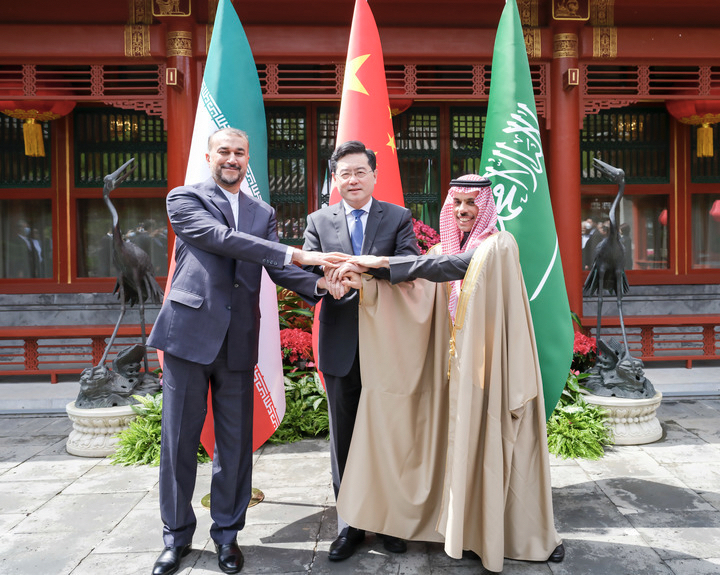 Chinese State Councilor and Foreign Minister Qin Gang meets with Saudi Arabian Foreign Minister Prince Faisal bin Farhan Al Saud and Iranian Foreign Minister Hossein Amir-Abdollahian in Beijing, China, April 6, 2023. /Xinhua