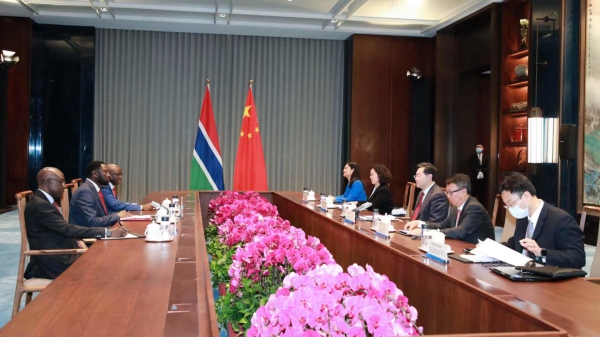 Chinese State Councilor and Foreign Minister Qin Gang meets with Gambian Foreign Minister Mamadou Tangara at the sidelines of the Lanting Forum on Chinese Modernization and the World in Shanghai, China, April 21, 2023. /Chinese Foreign Ministry